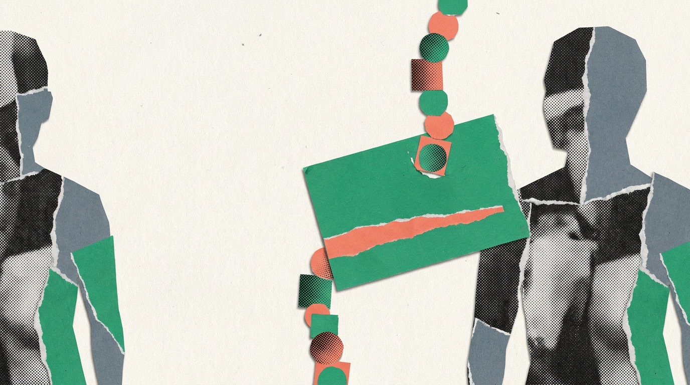 A record passing between two abstract figures while a continuous thread of history stays intact between them