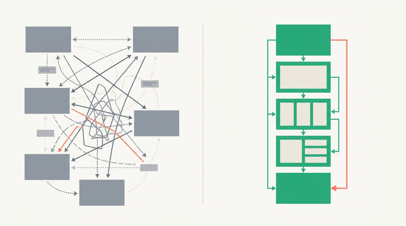 Left: scattered screens connected by tangled paths. Right: one record gathering the same pieces into neat sections