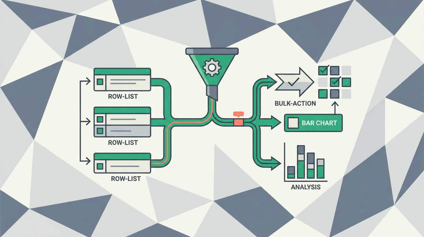 One filter feeding a list, a bulk action, and a chart at once