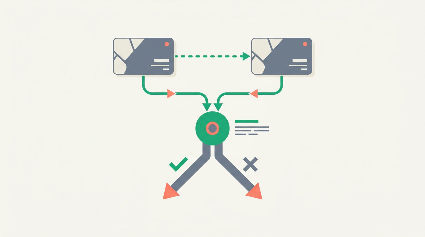 Diagram of two near-identical records linked by a match line to a review step