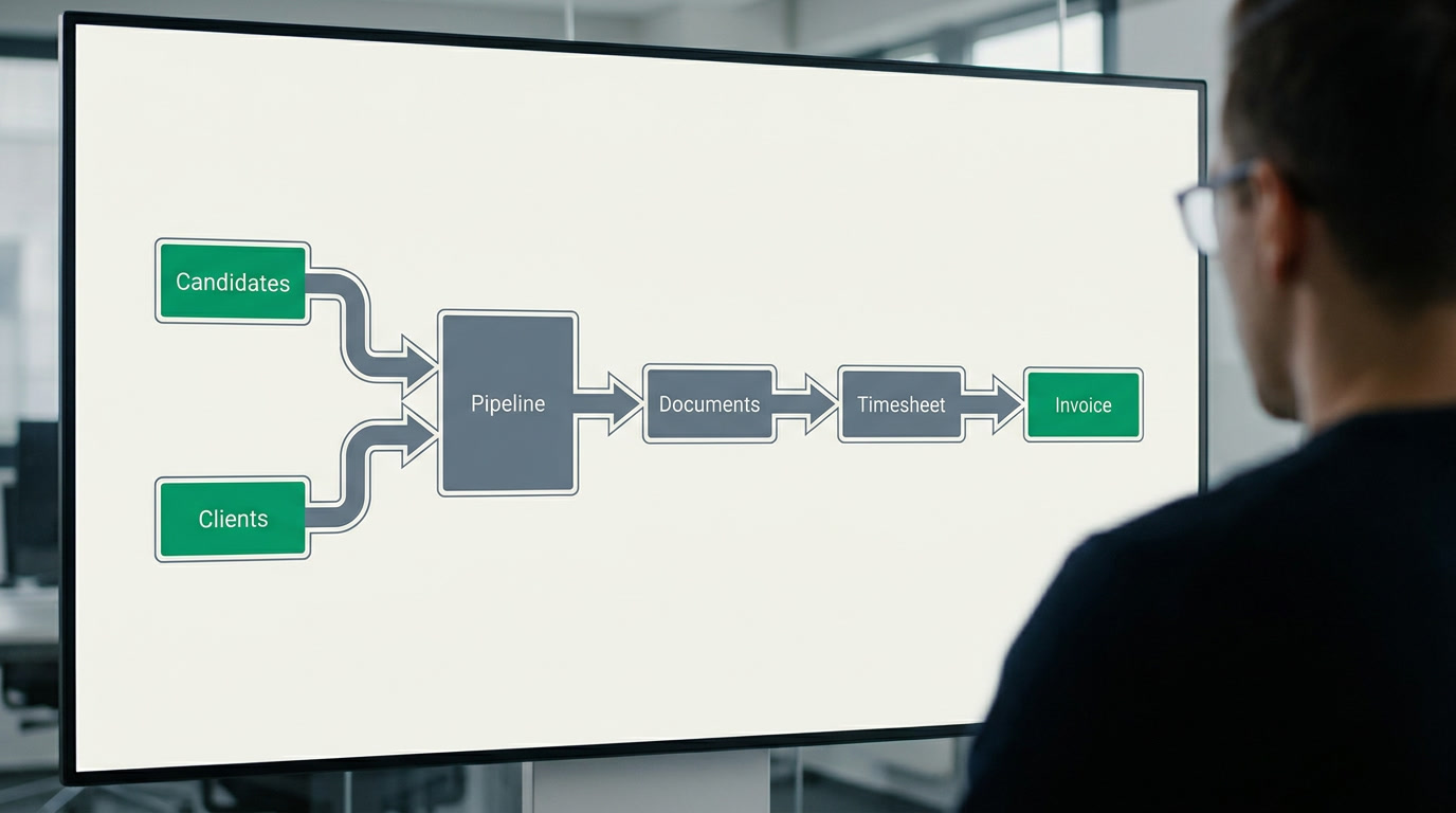 A flat diagram showing candidate and client records flowing through pipeline, documents, and invoicing on one platform