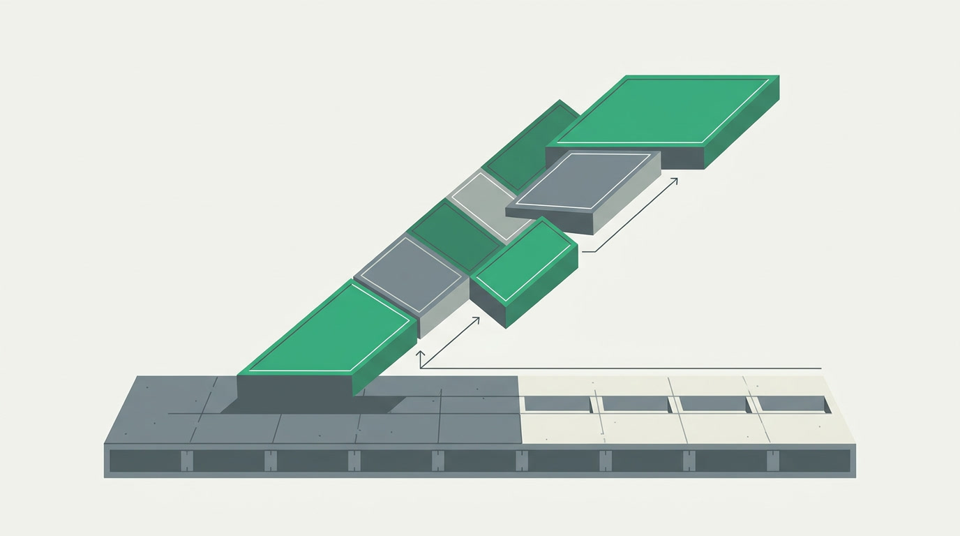 An editorial illustration of a workspace being assembled from modular blocks on a solid engineered foundation