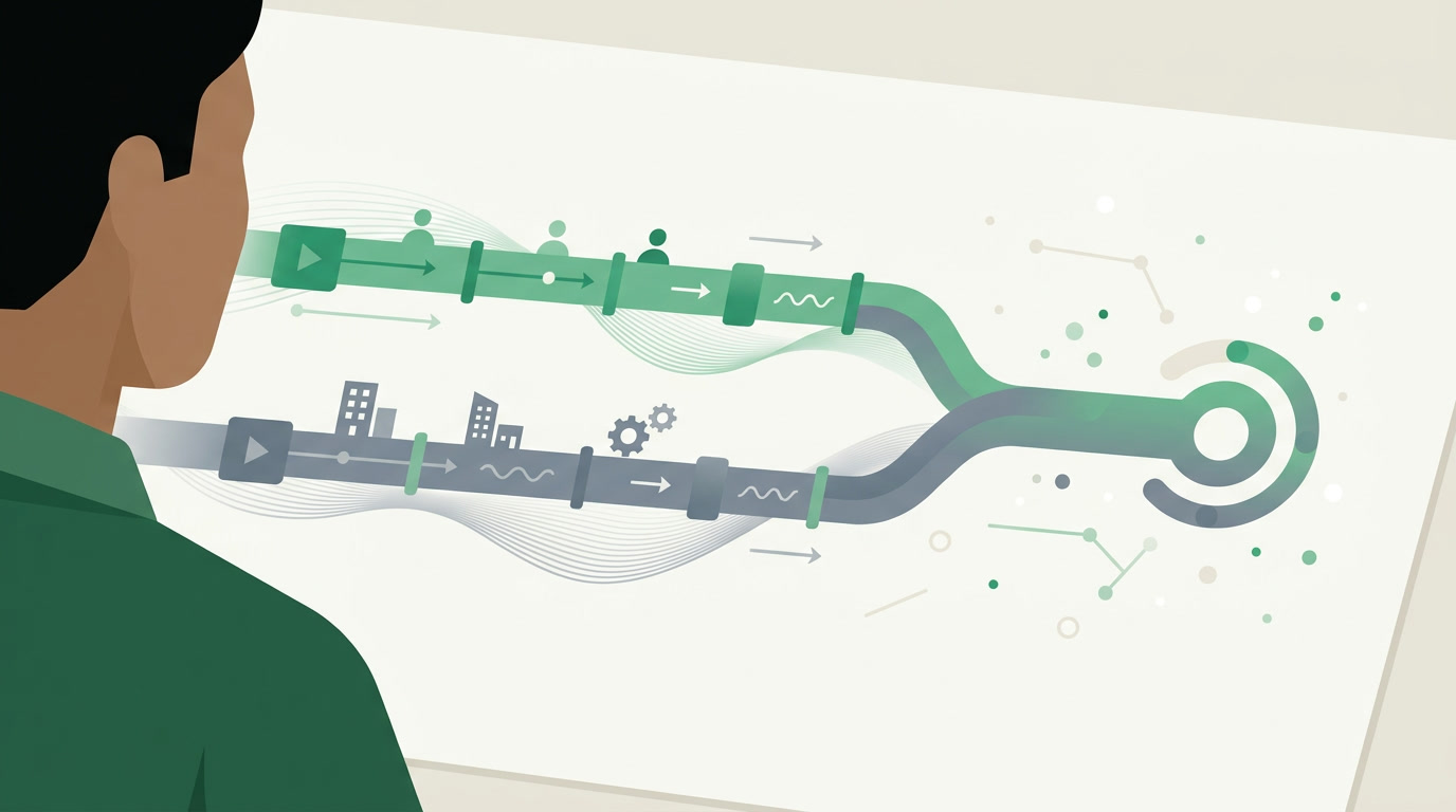An editorial illustration of two pipelines — candidates and clients — merging into a single connected flow