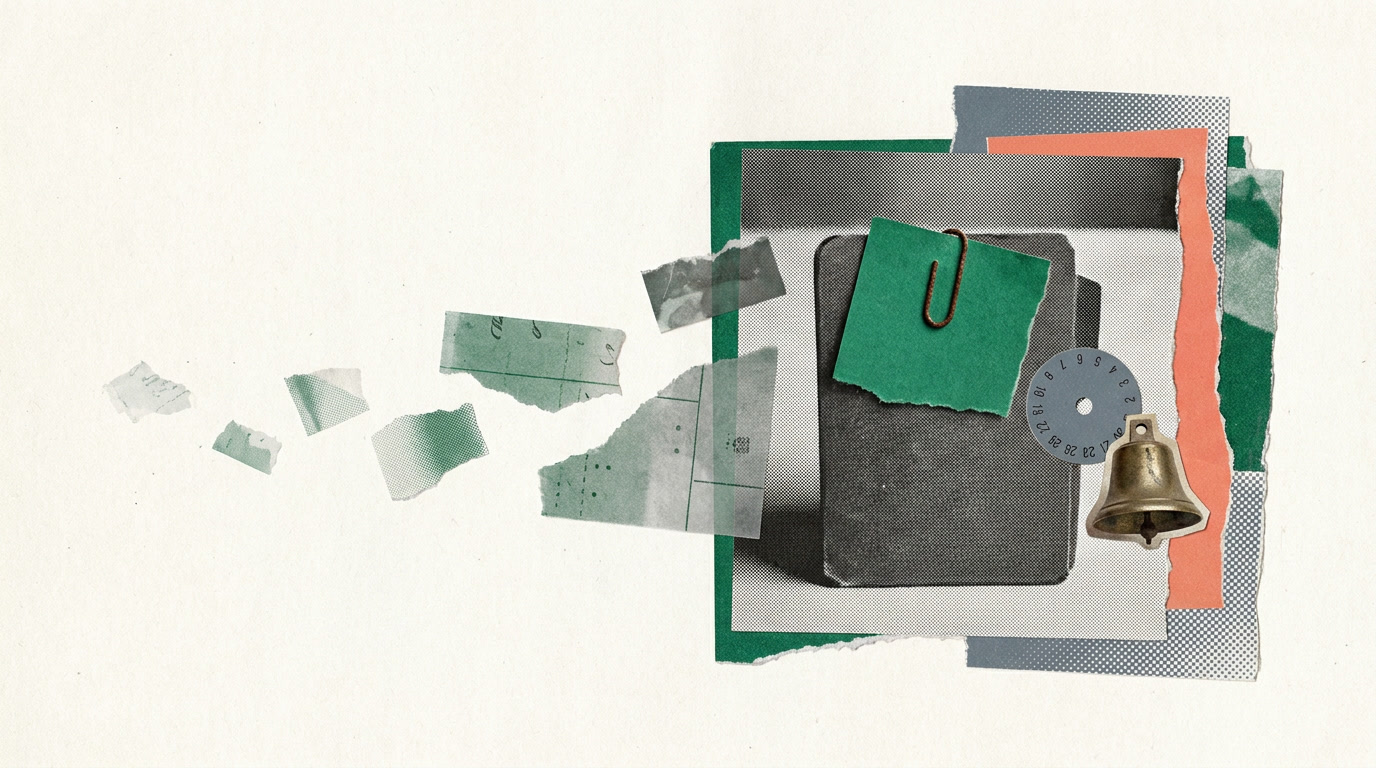 A record card holding its follow-up task, while loose to-do notes drift away unanchored