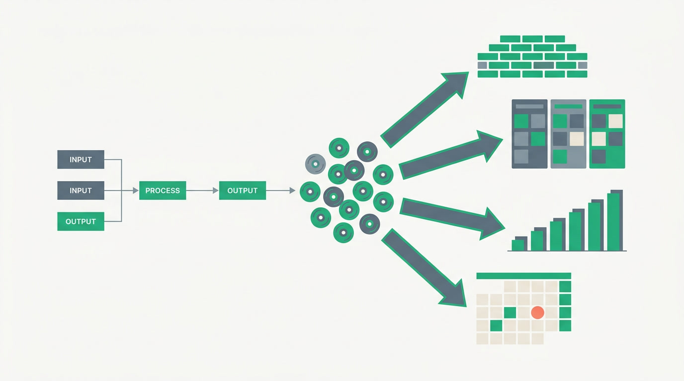 The same stack of records reshaping into rows, a board, bars, and a calendar grid to show one dataset in many layouts