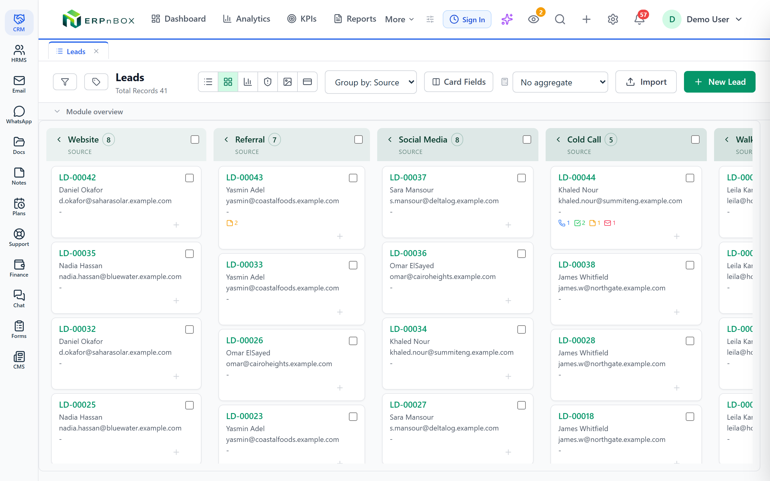 A CRM module list header with a view switcher offering List, Kanban, Chart, Calendar, Card, and Hero options