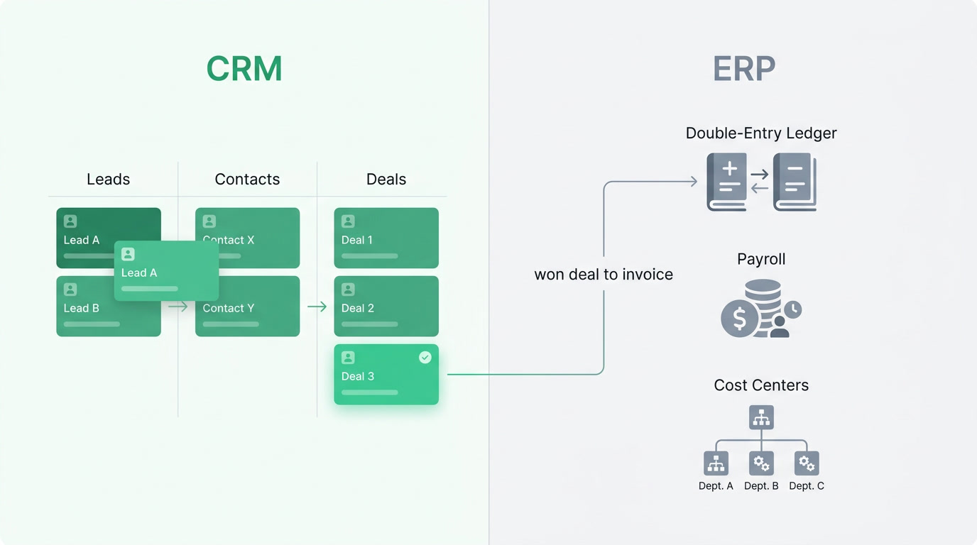 Diagram showing a CRM as one room inside the larger building of an ERP