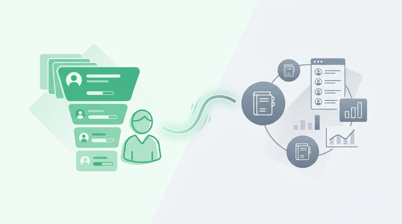 Two connected circles — a sales pipeline and a finance ledger — merging into one unified system