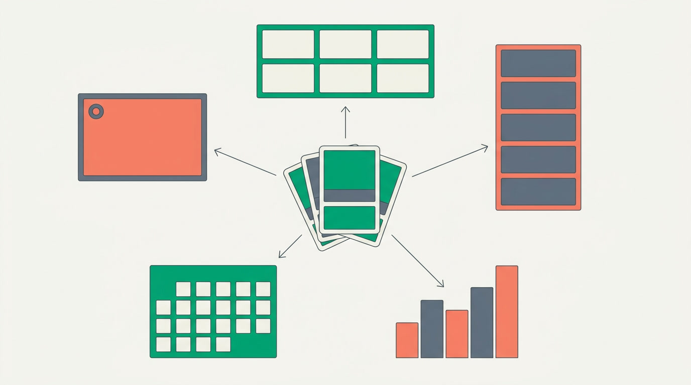 A diagram of one record set fanning out into list, board, chart, calendar and card arrangements