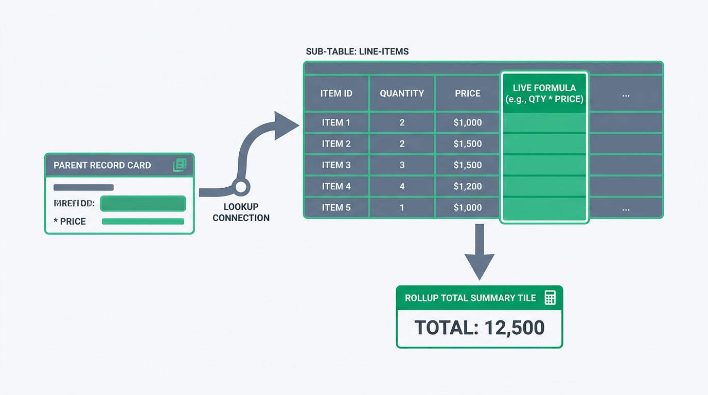 A diagram showing a parent record linked to a sub-table of line items with a formula column and a rollup total