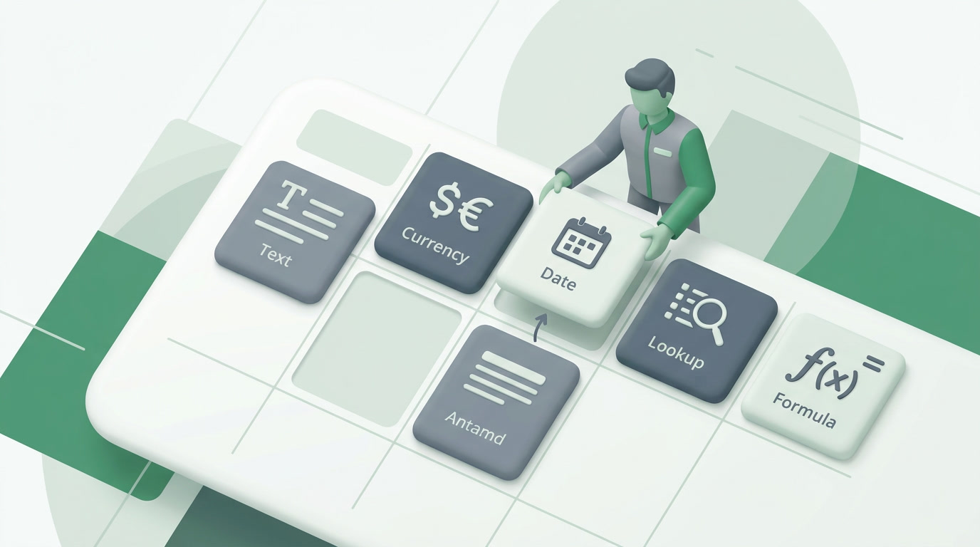 An operations lead assembling a custom business module from labelled field-type blocks on a clean emerald and slate interface
