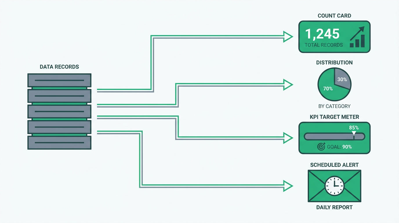 Diagram showing records flowing into cards, charts, KPIs and a scheduled report