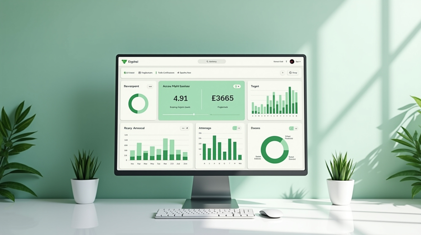A business dashboard of number cards and charts drawn cleanly on a screen