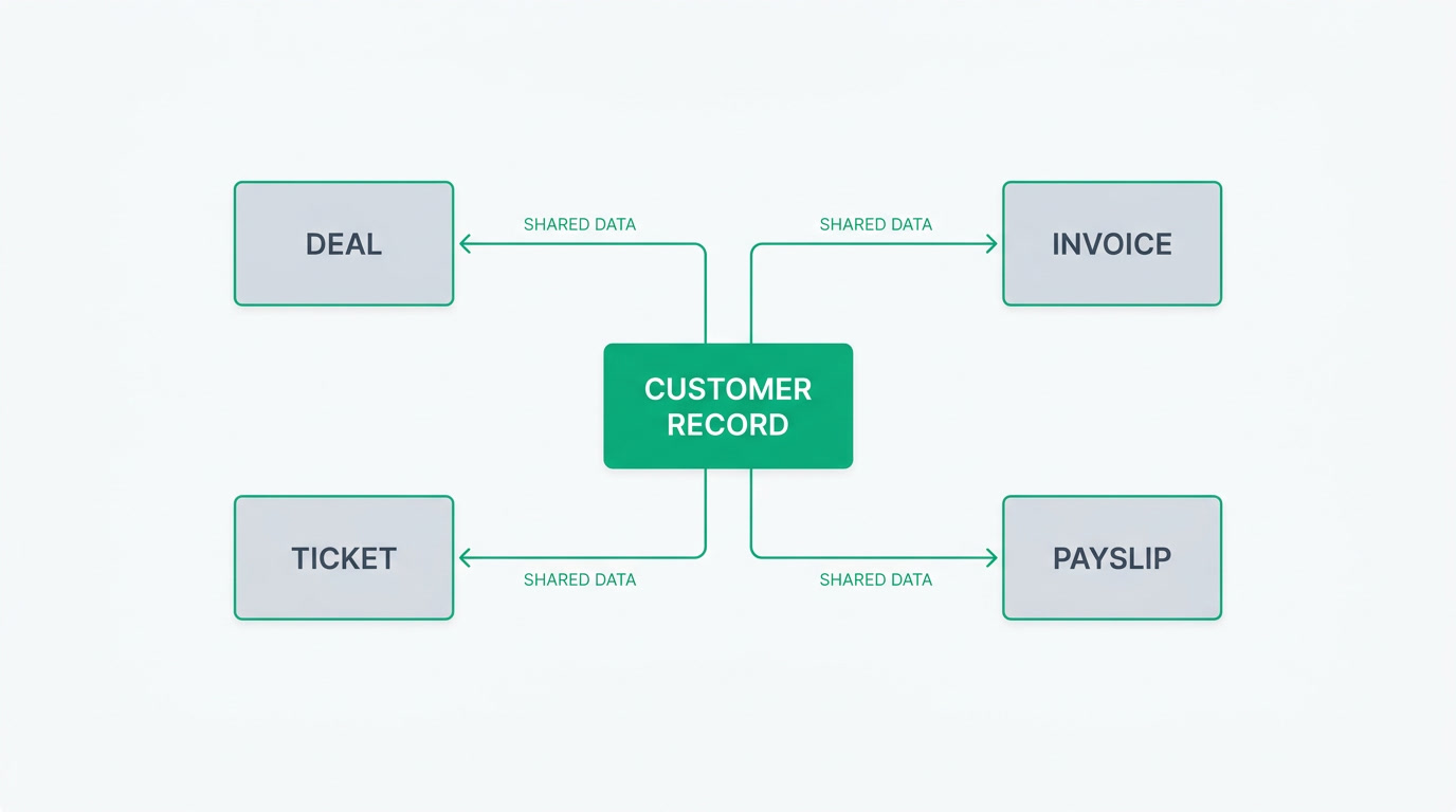 A diagram showing a deal record flowing into an invoice, a ticket and a payslip that all reference the same customer.
