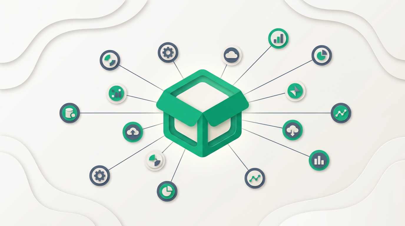 Twelve connected app icons radiating from a single open box, in emerald and slate.