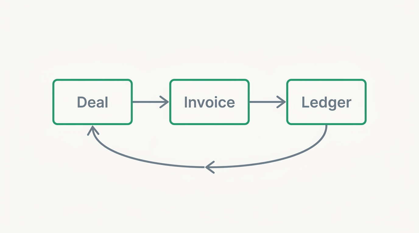 A deal, an invoice, and a ledger entry linked as one connected chain