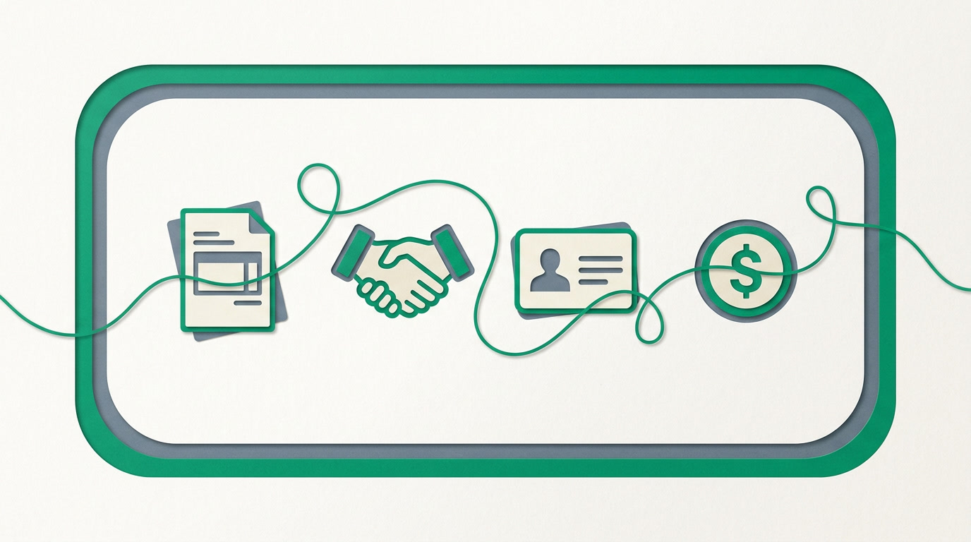 An invoice line tracing back through a deal, a contact, and a payment on one connected thread