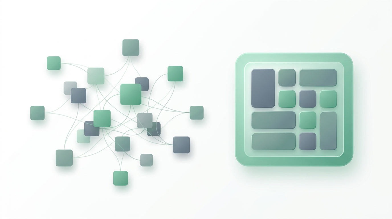 Two contrasting business platforms shown as clean app tiles, one a sprawling grid and one a compact unified workspace, converging in a soft emerald and slate palette
