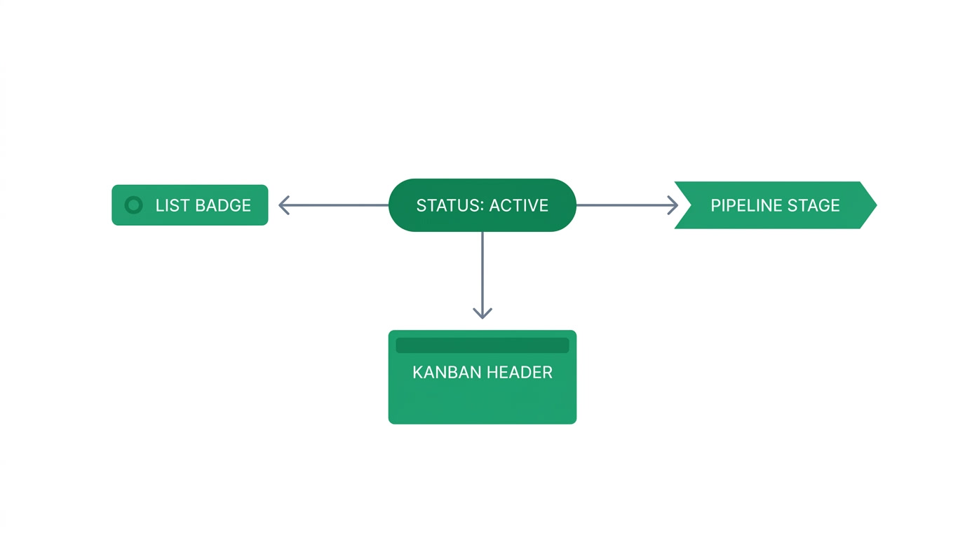 Diagram showing a single status value flowing to three places: a list badge, a pipeline stage, and a kanban column, all in the same color.