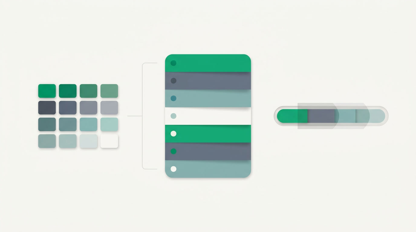 Illustration of a color palette swatch panel being applied to dropdown options and a pipeline preview.