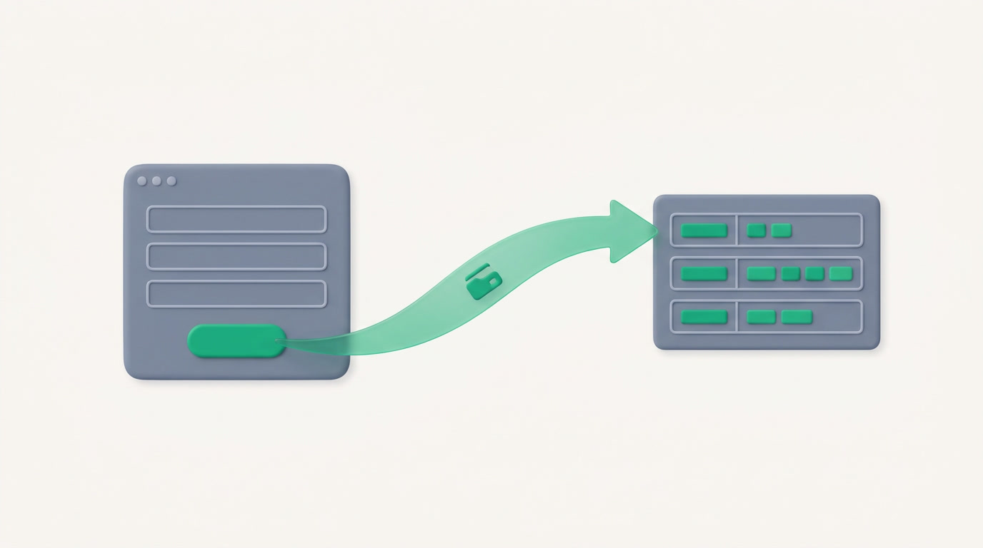 A published web form on the left flowing into a neatly filed record on the right, in emerald and slate.