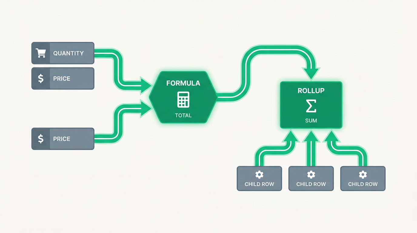 Diagram showing source fields flowing into a formula field, and child rows rolling up into a parent total.