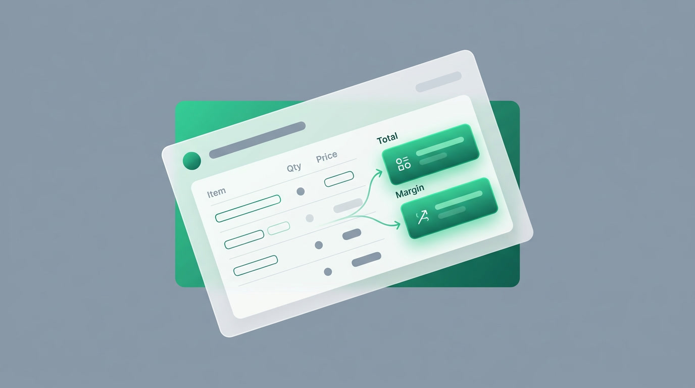 A CRM deal record showing a total and margin calculated automatically from quantity and price fields, in emerald and slate tones.