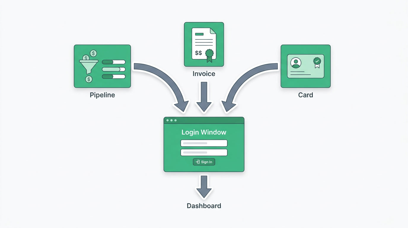 A workspace assembling itself from a single typed sentence into connected apps