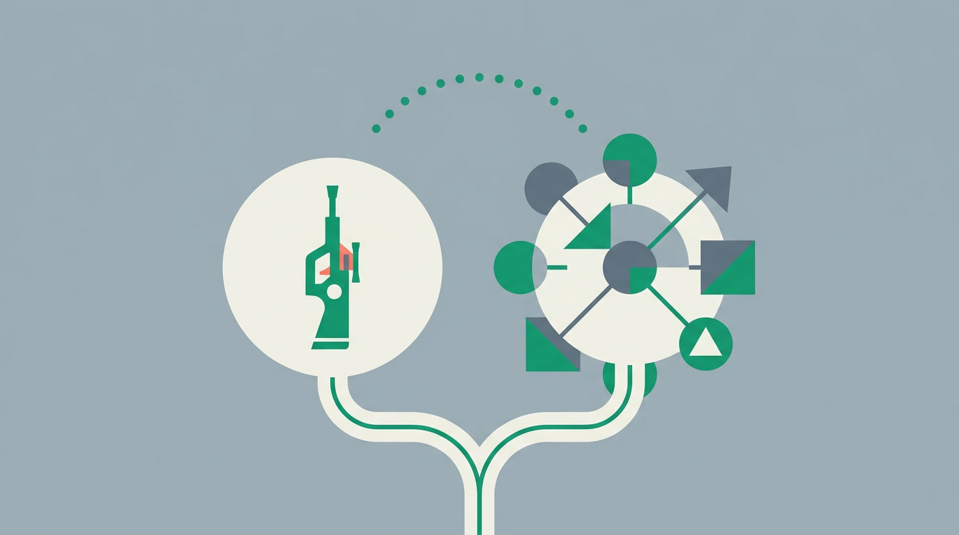 A fork in a path splitting toward a single specialized tool on one side and a cluster of connected tools on the other