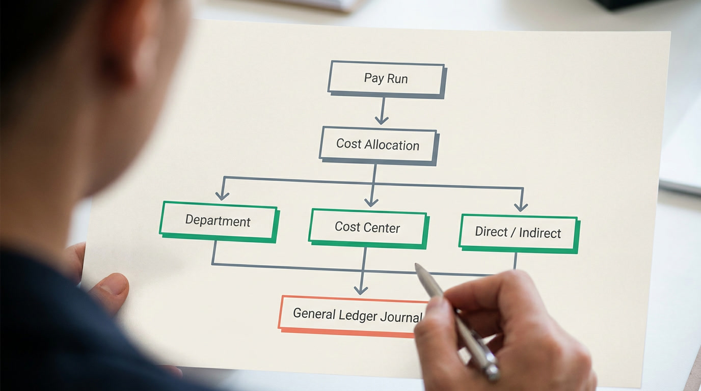 Flowchart from a payroll run to cost allocation across dimensions and into a general ledger journal entry