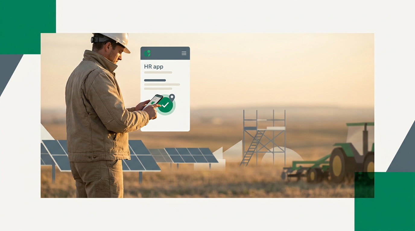 A field worker checking in on a phone at a job site, with a distributed team map in the background