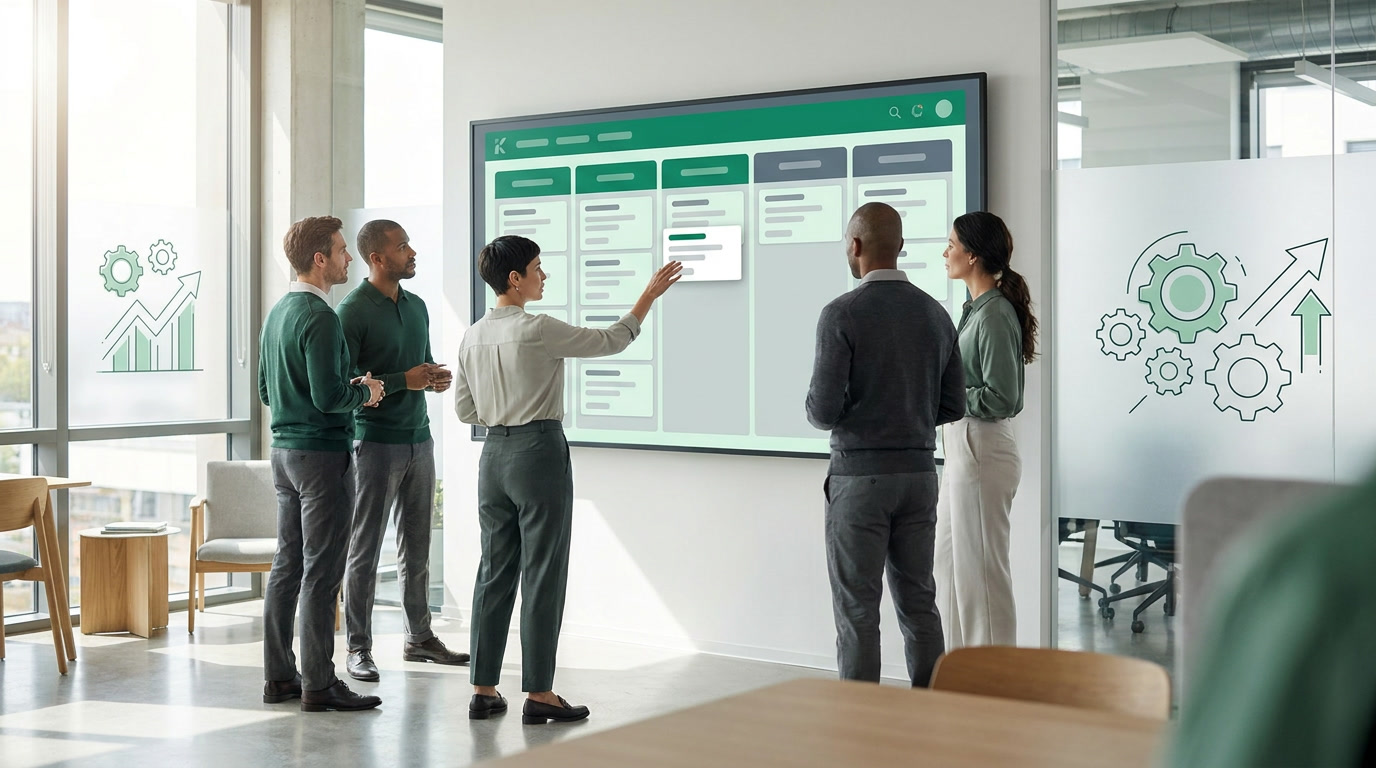 A sales team gathered around a screen showing an emerald-and-slate Kanban pipeline board with deals arranged in stage columns.