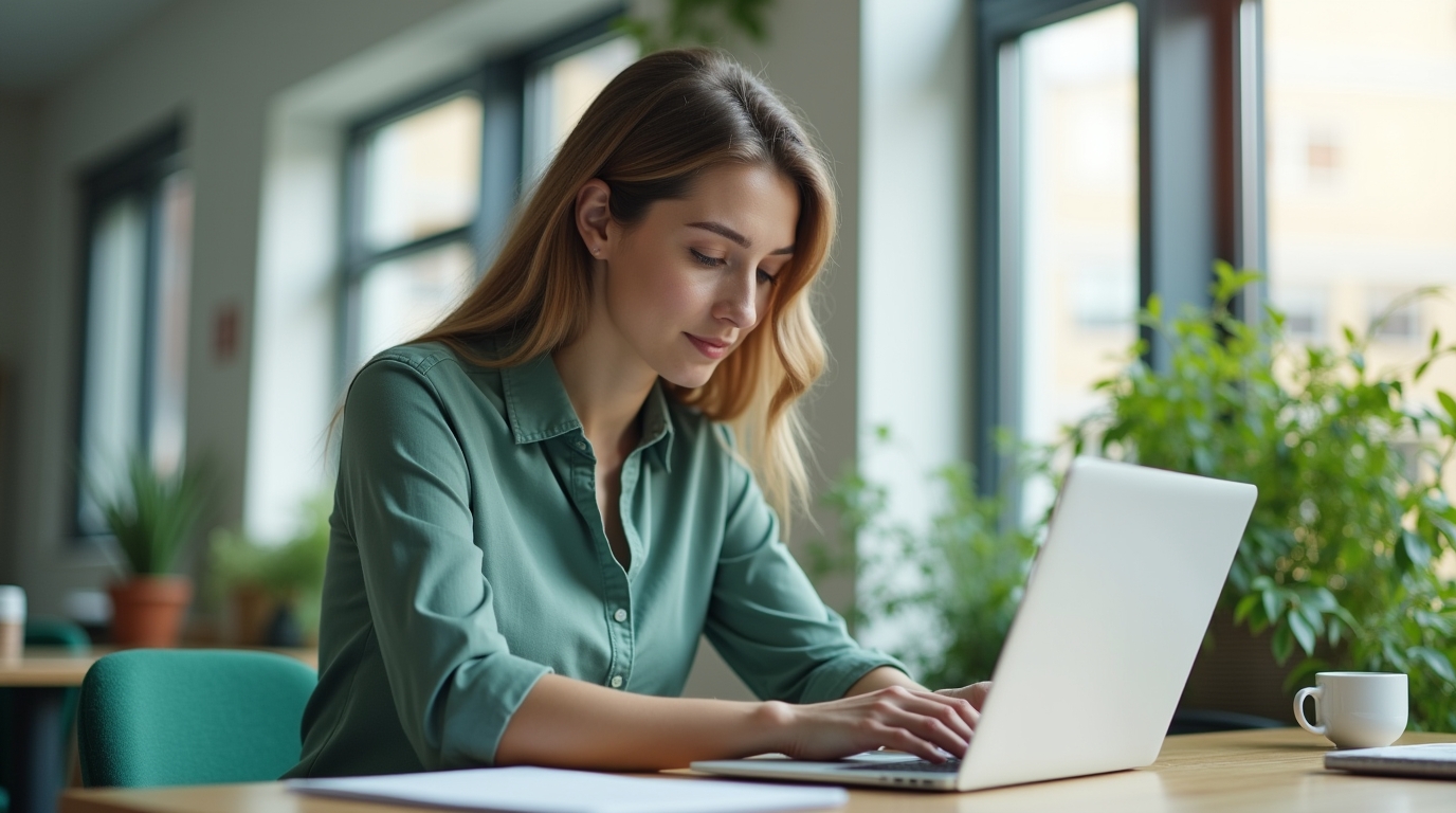 An operations lead reviewing an adaptive form on a laptop in a bright modern office, focused and at ease.
