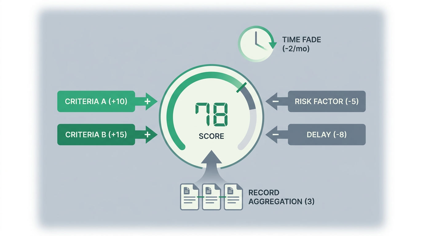 Diagram showing criteria adding and subtracting points, decay fading old signals, and related records aggregating into one final score.