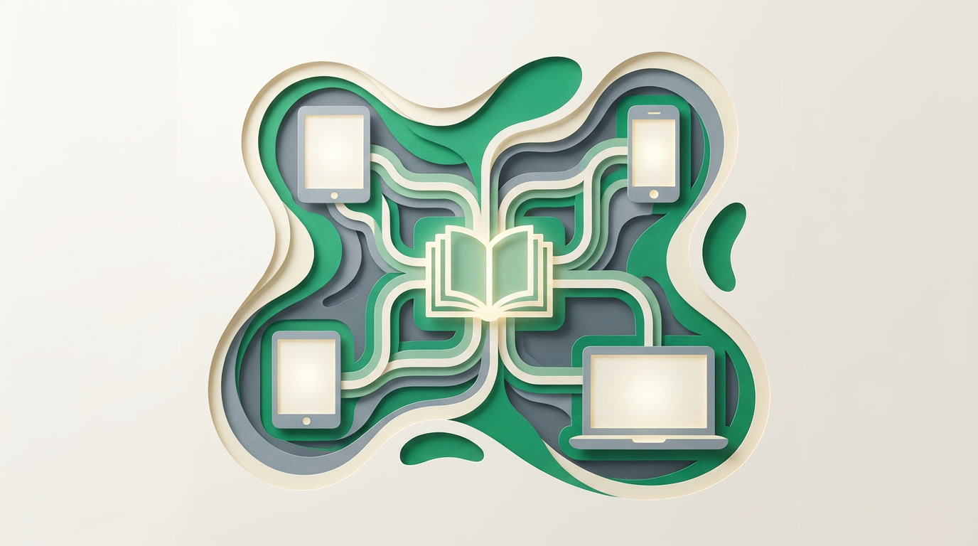 A course delivered to learners across a tablet, phone, and laptop