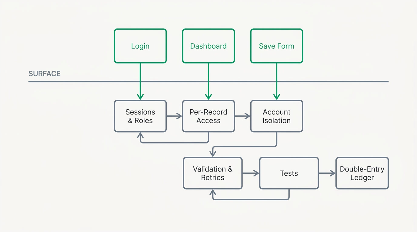 A flowchart contrasting the visible demo layer with the hidden production layer beneath it