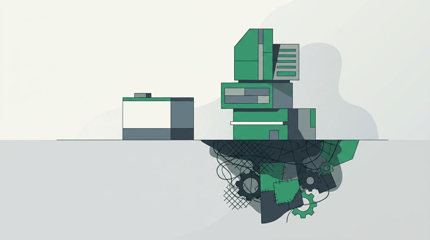 An illustration of a small structure sprouting tangled hidden supports as it grows taller