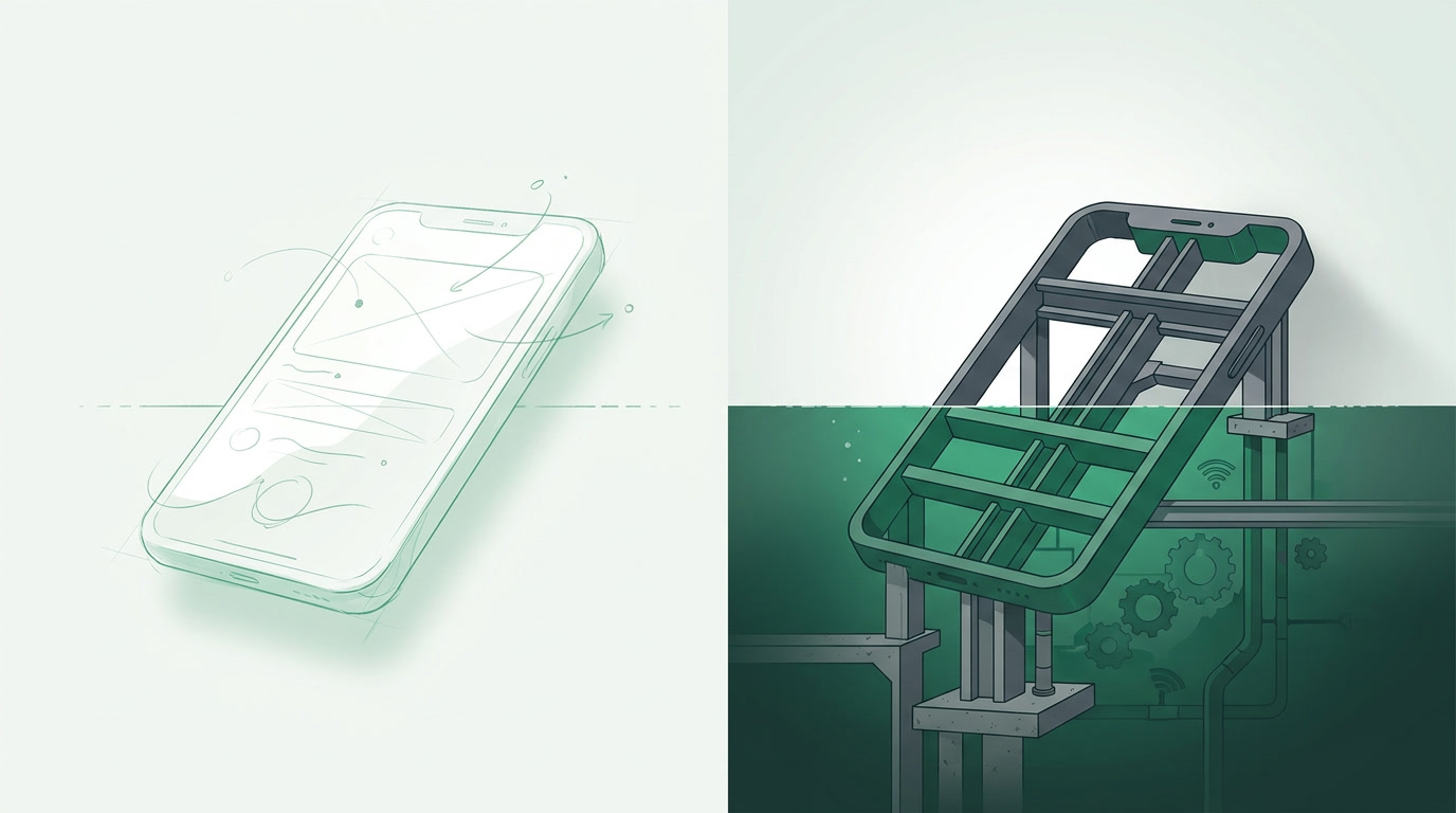An editorial illustration contrasting a quick sketch of an app with a fully engineered structure beneath it