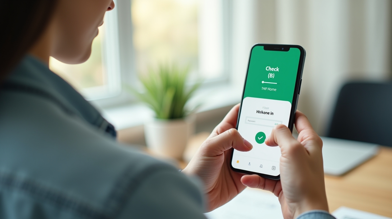A warehouse or site employee tapping check-in on a phone at the start of a shift
