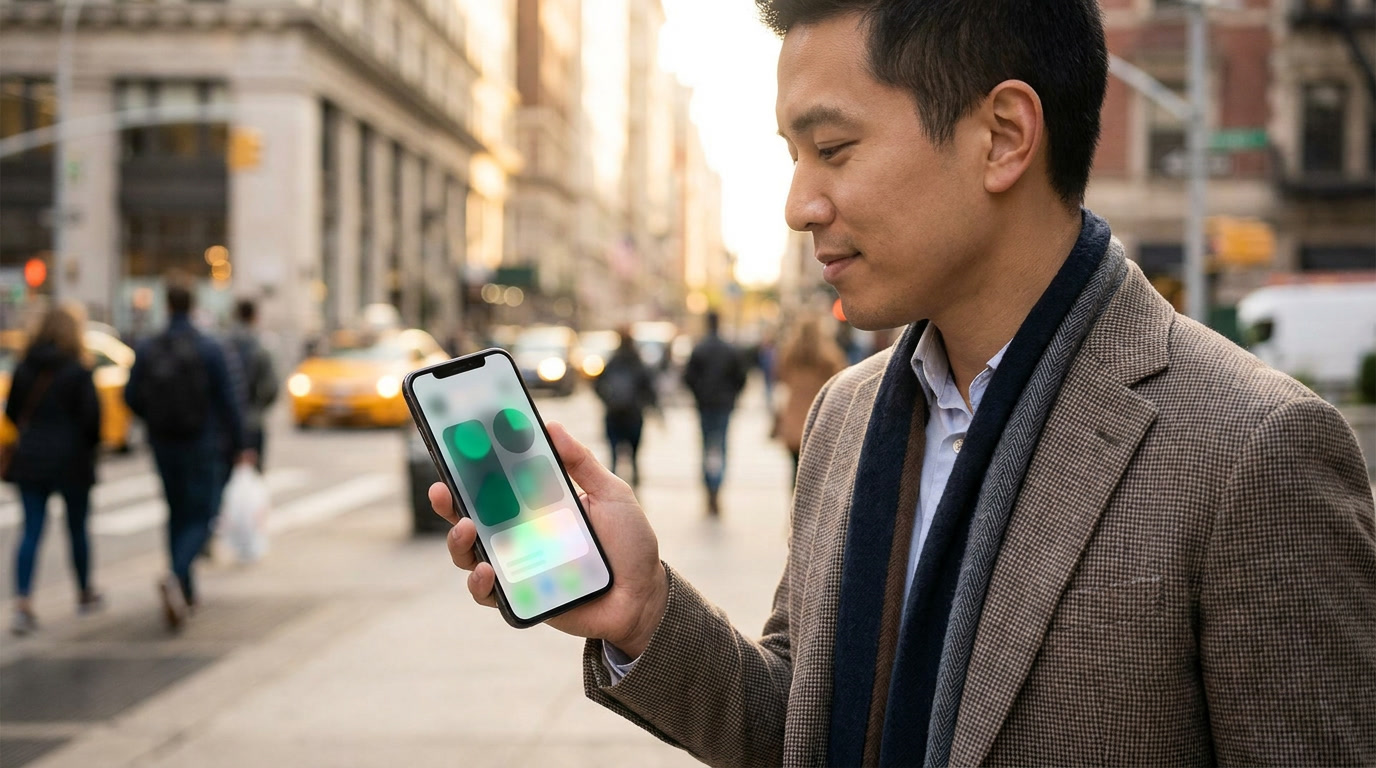 A field sales rep checking a customer record on a smartphone while standing outside an office building