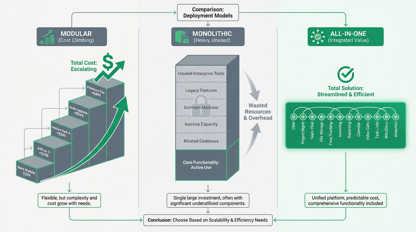A three-column diagram contrasting modular, monolithic, and all-in-one ERP pricing paths as a business grows