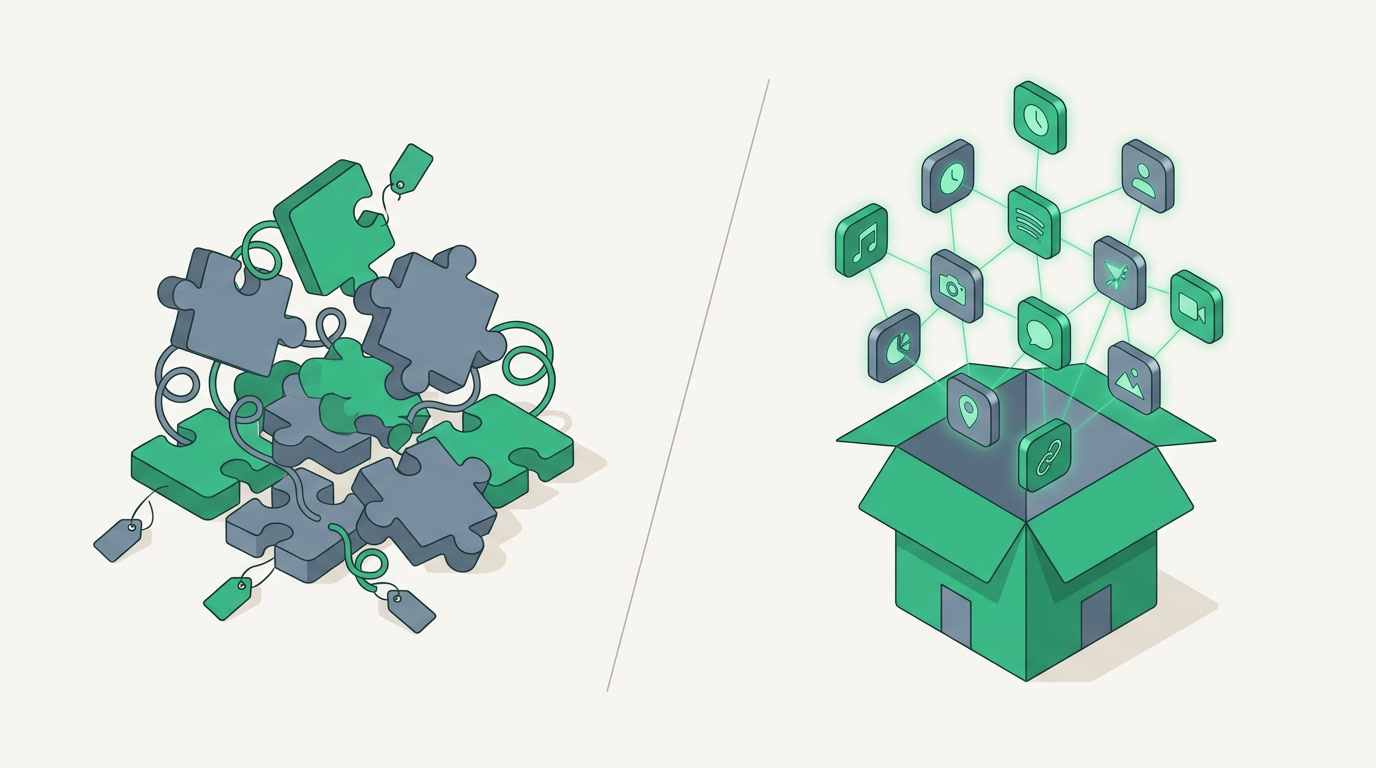 A single open box holding twelve neatly connected business apps, set against a split scene contrasting scattered add-on modules with one unified system