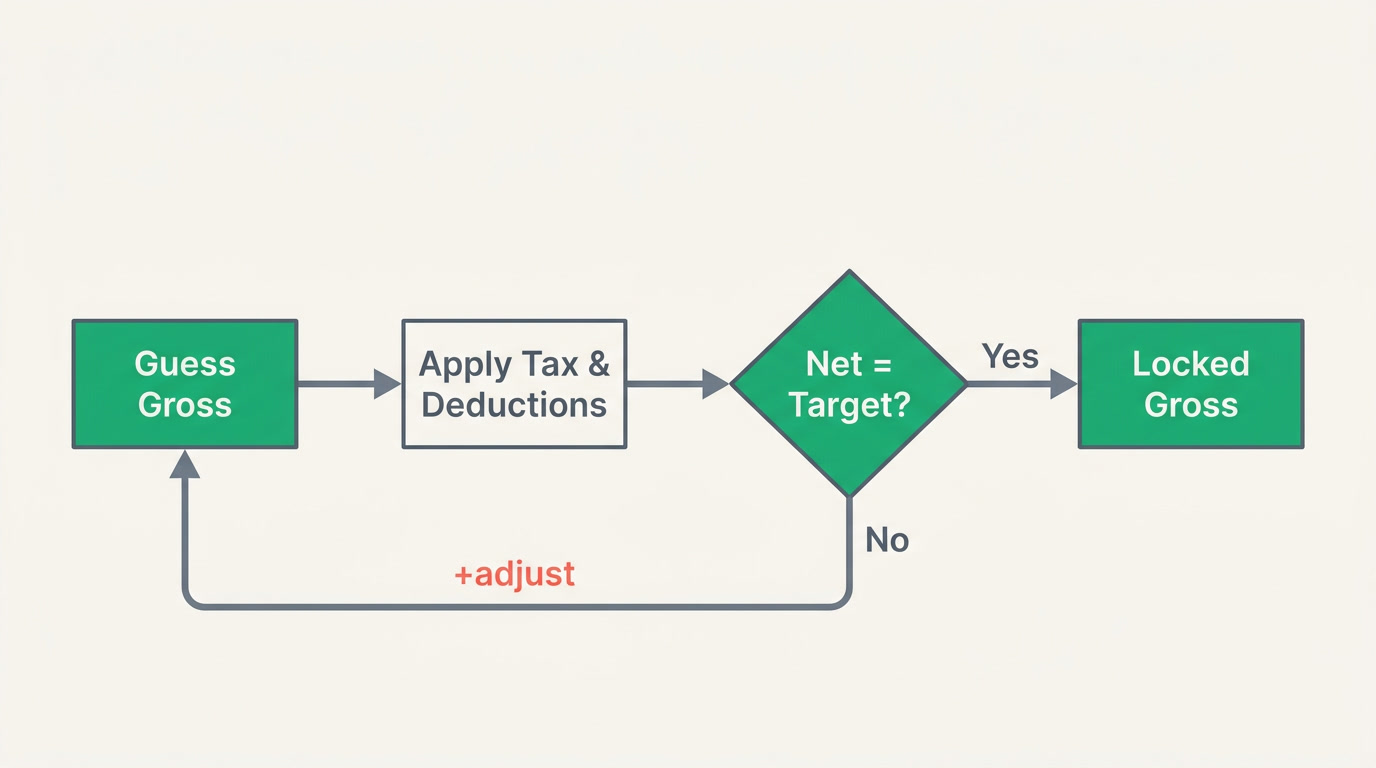 A looping arrow cycle showing a gross estimate feeding into deductions and back again until a fixed net target is reached