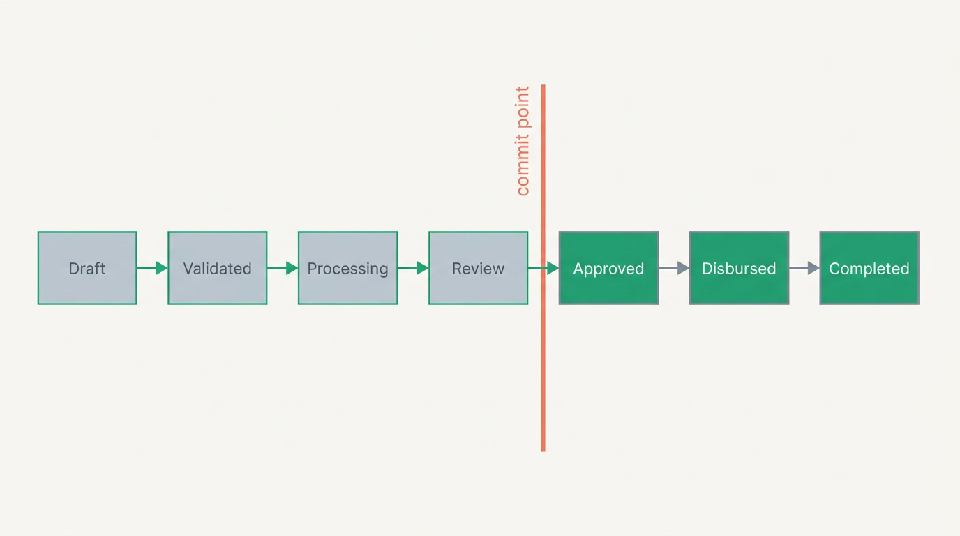 A flowchart of the seven pay-run stages with a marked line where reversible calculation ends and committed side effects begin