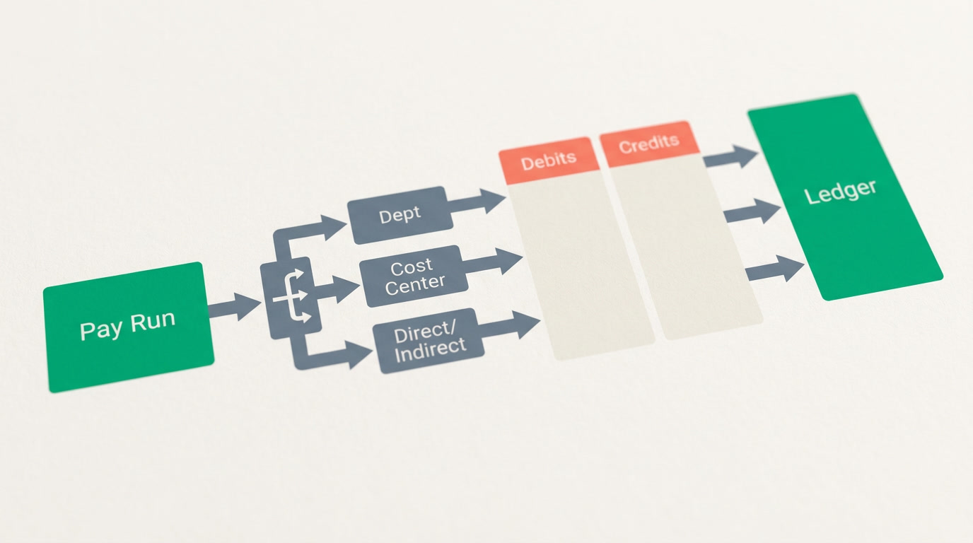 A flat flowchart showing a pay run splitting into allocated cost lines that post as balanced debits and credits into a ledger