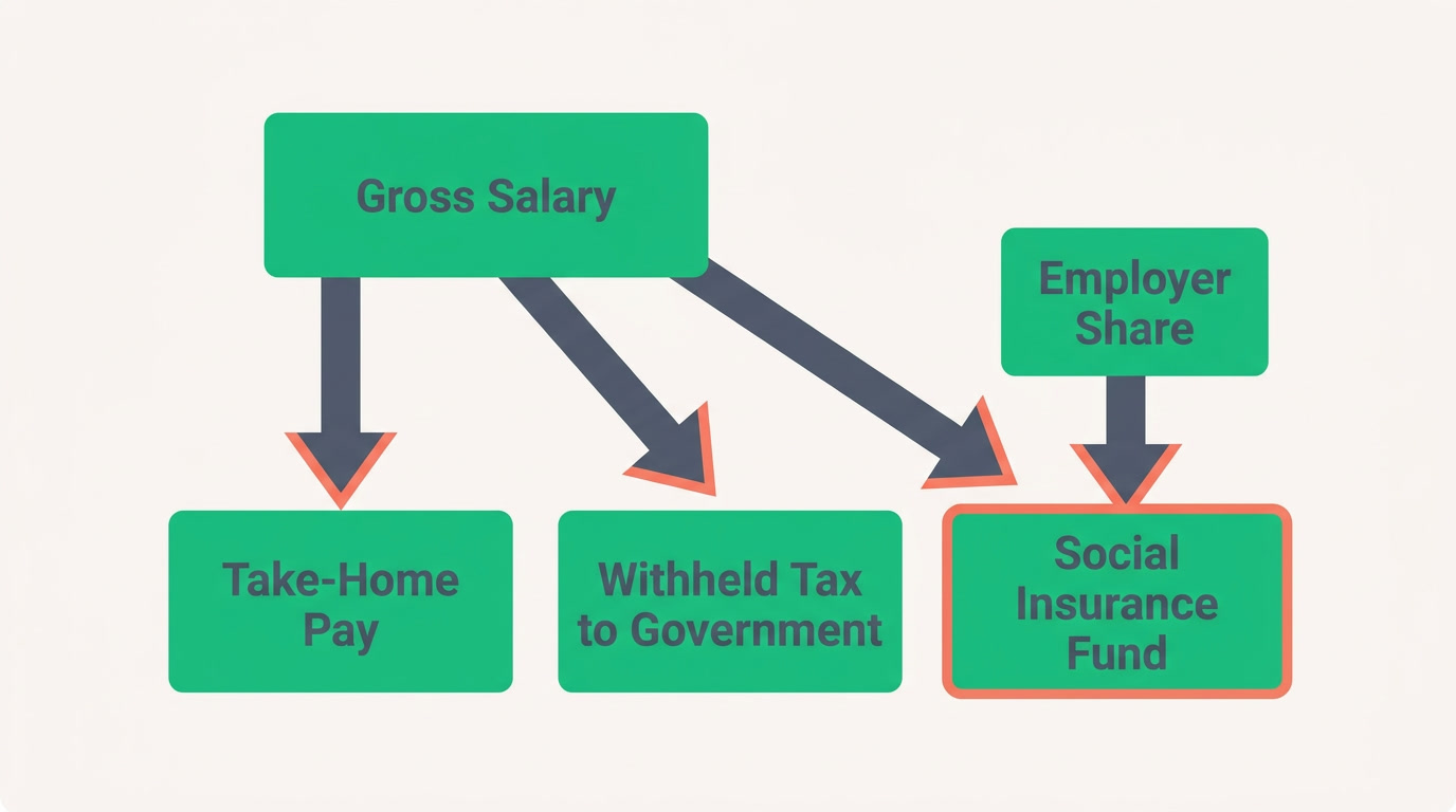 Flowchart of a salary splitting into take-home pay, withheld tax, and social contributions