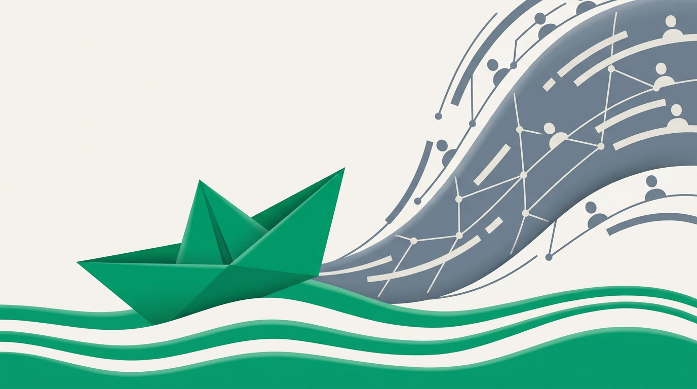 An editorial illustration of a paper-boat prototype meeting an ocean wave of real traffic