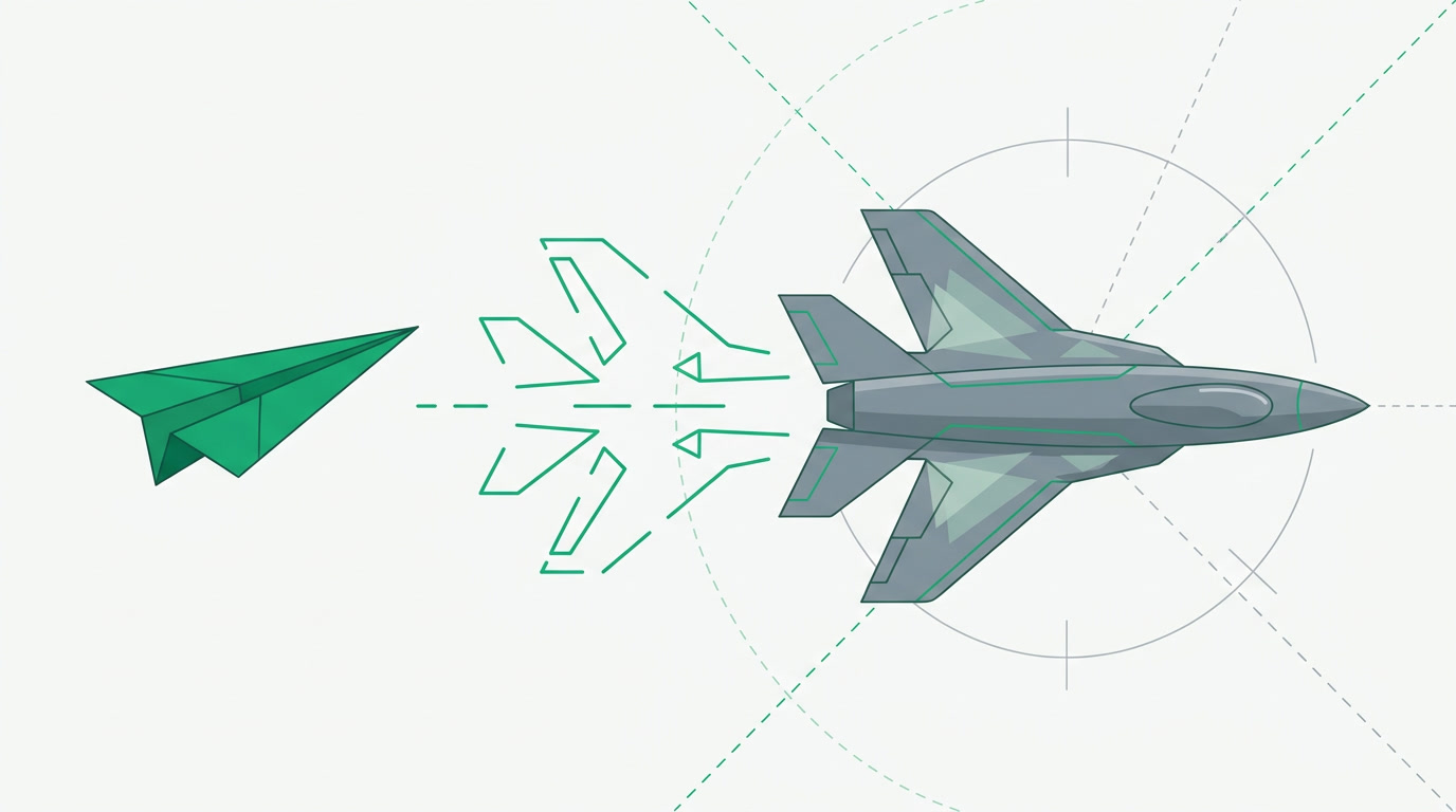 A paper airplane prototype transforming into a sturdy engineered aircraft mid-flight