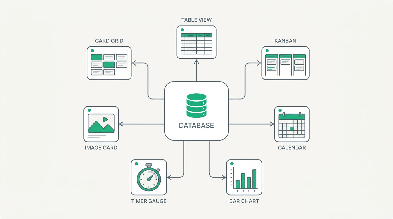 A diagram showing one central data store branching out to seven view types.