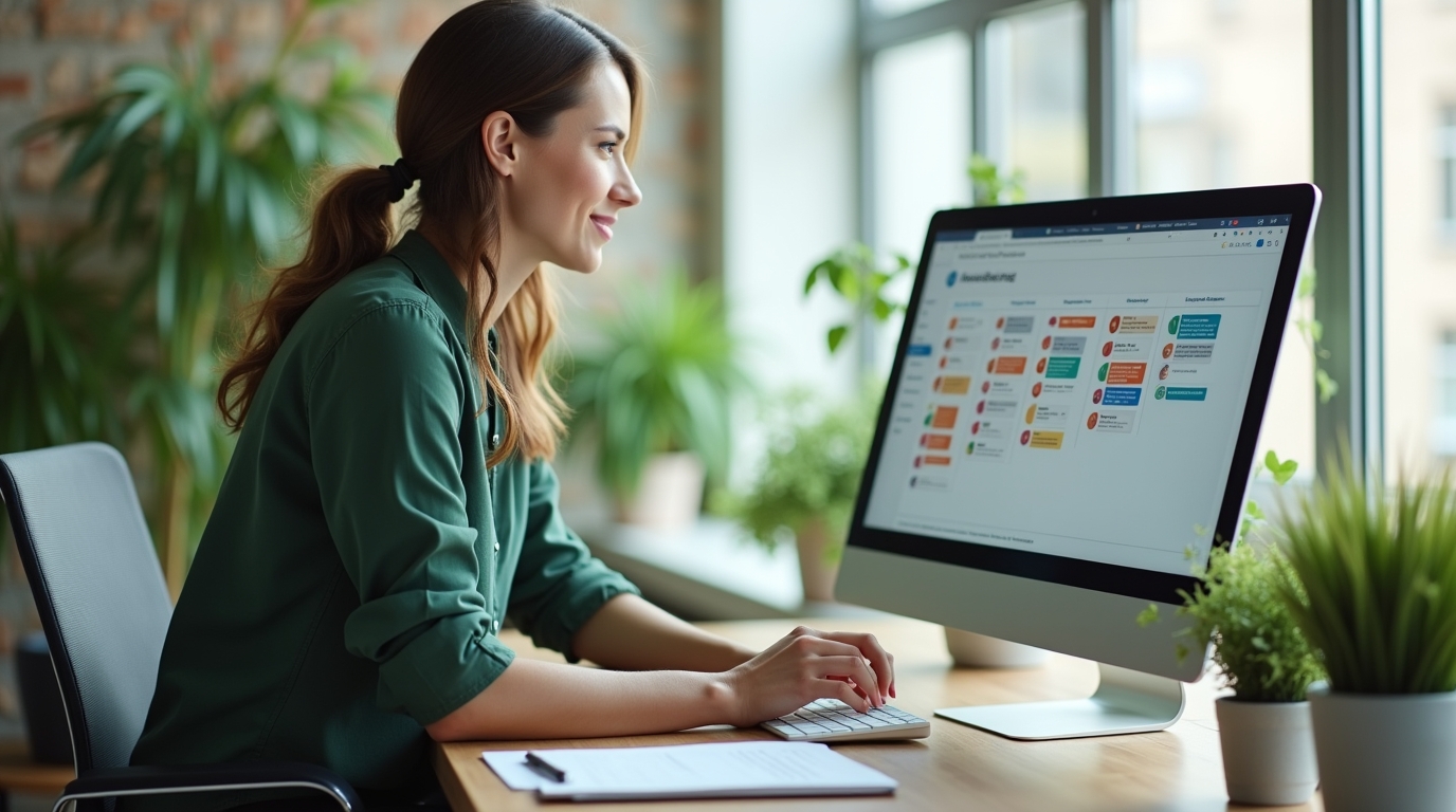 An operations lead reviewing a kanban board on a laptop in a bright modern office.
